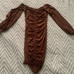 Pretty little thing brown off the shoulder dress